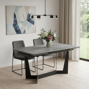 HomeRoots 94" Elegant Gray and Black Ceramic Dining Table with Durable Steel Trestle Base for Modern Homes 544709