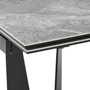 HomeRoots 94" Elegant Gray and Black Ceramic Dining Table with Durable Steel Trestle Base for Modern Homes 544709