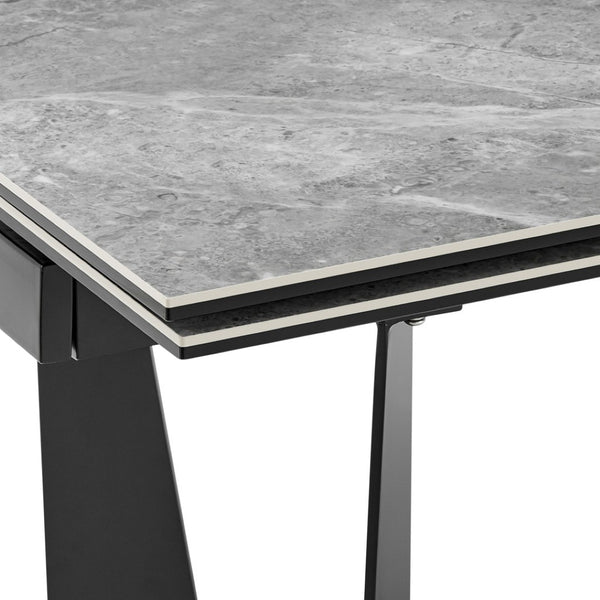 HomeRoots 94" Elegant Gray and Black Ceramic Dining Table with Durable Steel Trestle Base for Modern Homes 544709