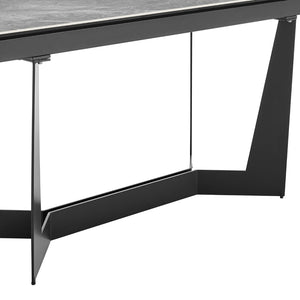 HomeRoots 94" Elegant Gray and Black Ceramic Dining Table with Durable Steel Trestle Base for Modern Homes 544709