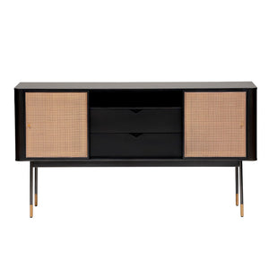 HomeRoots 59" Stylish Black & Natural Wood Sideboard with Rattan Doors - Versatile Storage Solution for Any Room 544712