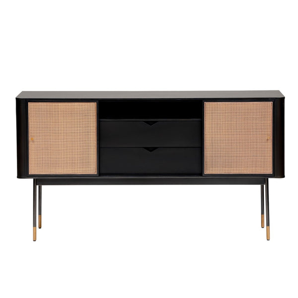 HomeRoots 59" Stylish Black & Natural Wood Sideboard with Rattan Doors - Versatile Storage Solution for Any Room 544712