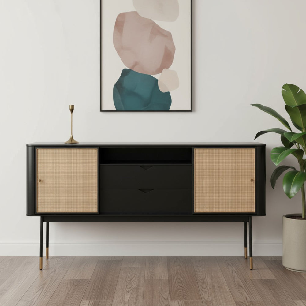 HomeRoots 59" Stylish Black & Natural Wood Sideboard with Rattan Doors - Versatile Storage Solution for Any Room 544712