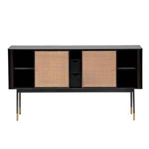 HomeRoots 59" Stylish Black & Natural Wood Sideboard with Rattan Doors - Versatile Storage Solution for Any Room 544712