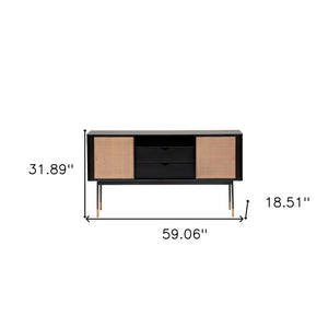 HomeRoots 59" Stylish Black & Natural Wood Sideboard with Rattan Doors - Versatile Storage Solution for Any Room 544712