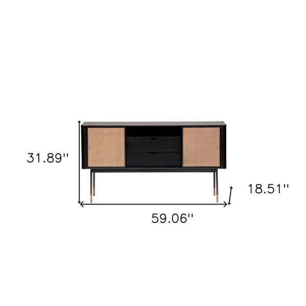 HomeRoots 59" Stylish Black & Natural Wood Sideboard with Rattan Doors - Versatile Storage Solution for Any Room 544712