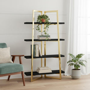 HomeRoots 69" Modern Black Stainless Steel & Wood Four-Tier Etagere Bookcase for Stylish Storage & Display 544730