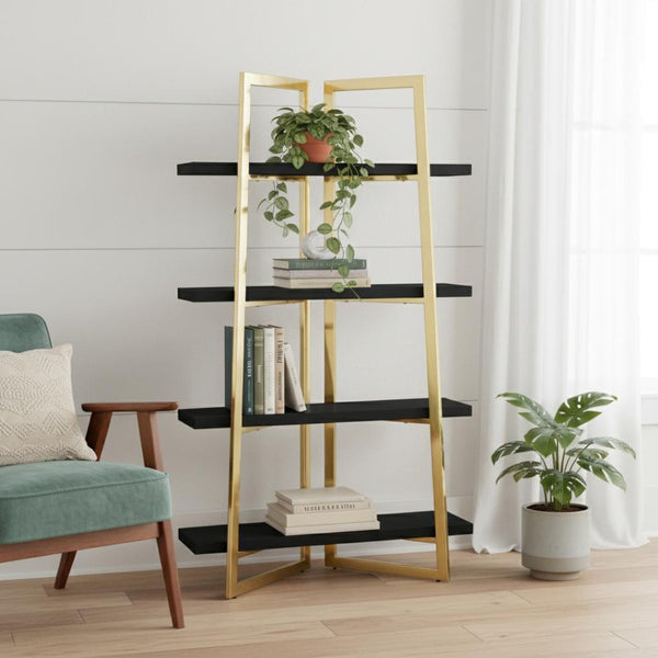 HomeRoots 69" Modern Black Stainless Steel & Wood Four-Tier Etagere Bookcase for Stylish Storage & Display 544730