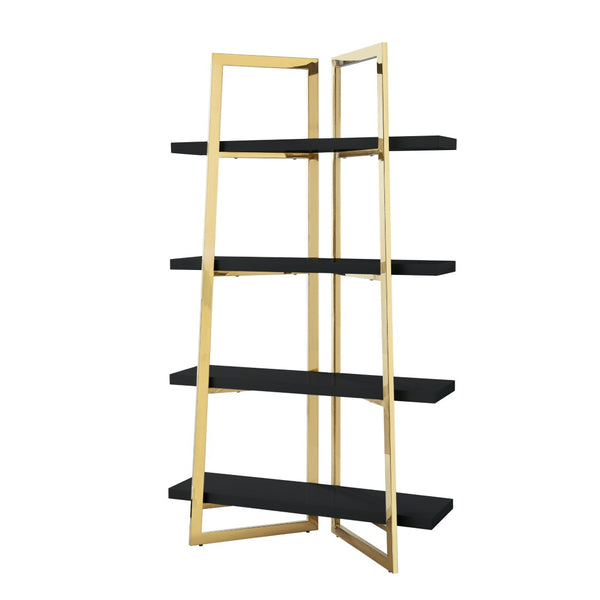 HomeRoots 69" Modern Black Stainless Steel & Wood Four-Tier Etagere Bookcase for Stylish Storage & Display 544730