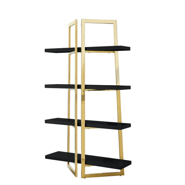 HomeRoots 69" Modern Black Stainless Steel & Wood Four-Tier Etagere Bookcase for Stylish Storage & Display 544730
