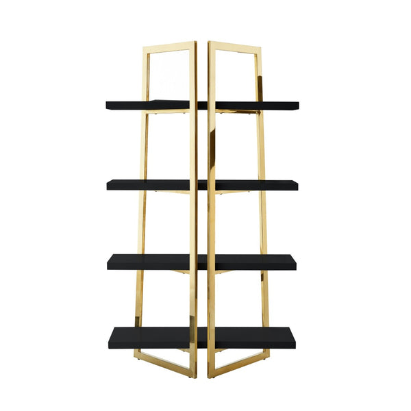 HomeRoots 69" Modern Black Stainless Steel & Wood Four-Tier Etagere Bookcase for Stylish Storage & Display 544730