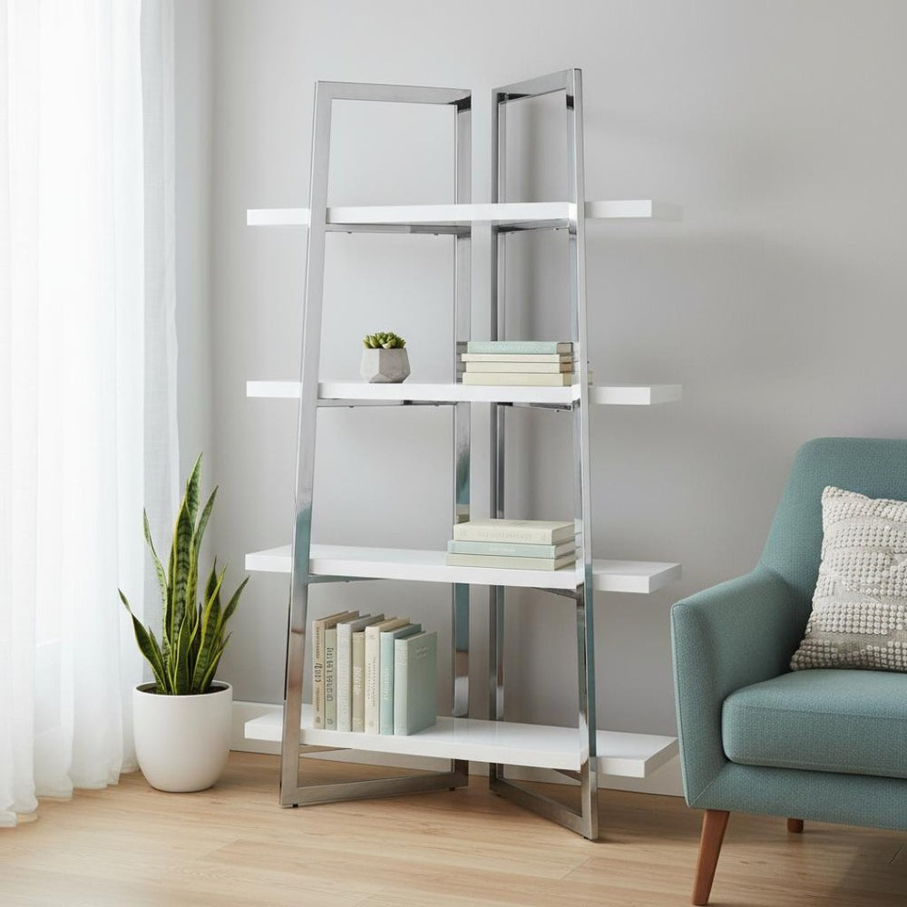 HomeRoots 69" Elegant White Stainless Steel & Wood Four-Tier Etagere Bookcase - Stylish Storage Solution 544732