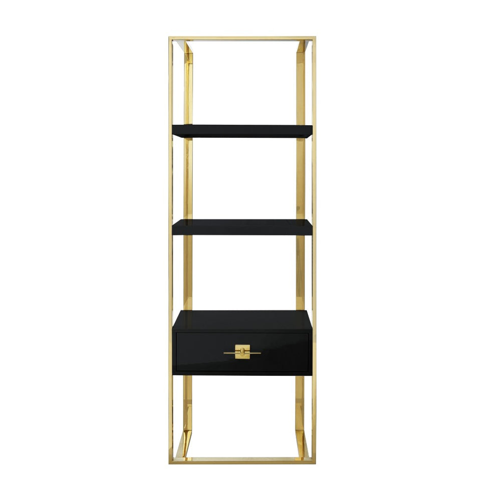HomeRoots 71" Stylish Black Stainless Steel & Wood Three-Tier Etagere Bookcase with Drawer for Modern Spaces 544734
