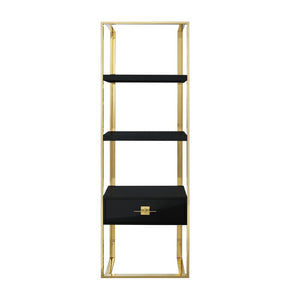HomeRoots 71" Stylish Black Stainless Steel & Wood Three-Tier Etagere Bookcase with Drawer for Modern Spaces 544734