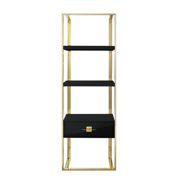 HomeRoots 71" Stylish Black Stainless Steel & Wood Three-Tier Etagere Bookcase with Drawer for Modern Spaces 544734