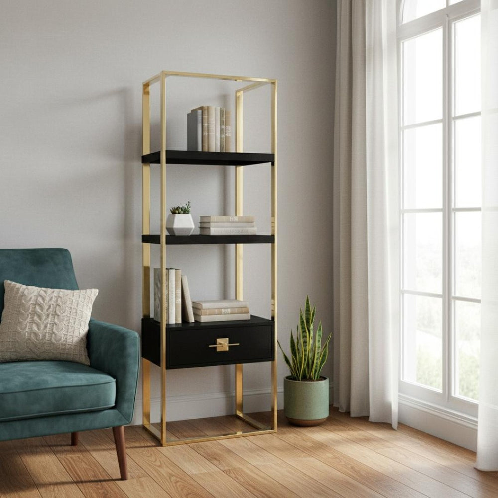 HomeRoots 71" Stylish Black Stainless Steel & Wood Three-Tier Etagere Bookcase with Drawer for Modern Spaces 544734