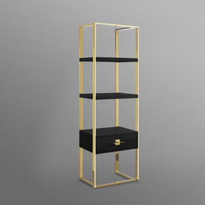 HomeRoots 71" Stylish Black Stainless Steel & Wood Three-Tier Etagere Bookcase with Drawer for Modern Spaces 544734