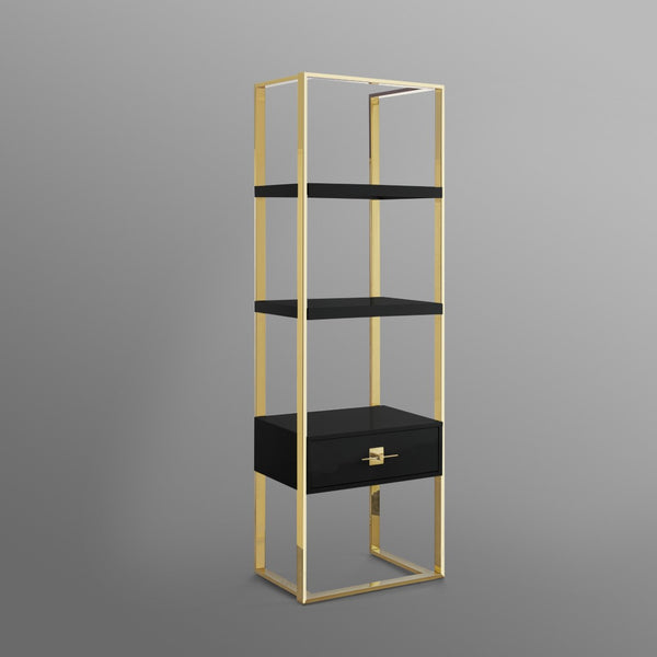 HomeRoots 71" Stylish Black Stainless Steel & Wood Three-Tier Etagere Bookcase with Drawer for Modern Spaces 544734