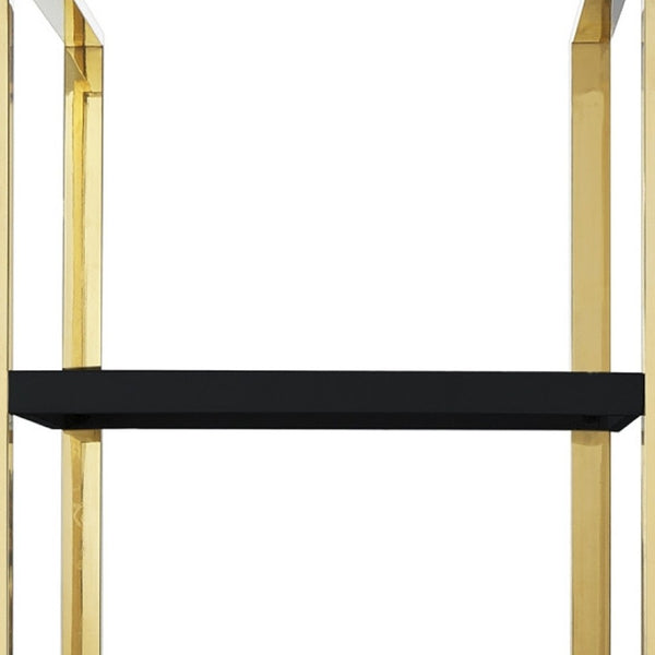 HomeRoots 71" Stylish Black Stainless Steel & Wood Three-Tier Etagere Bookcase with Drawer for Modern Spaces 544734