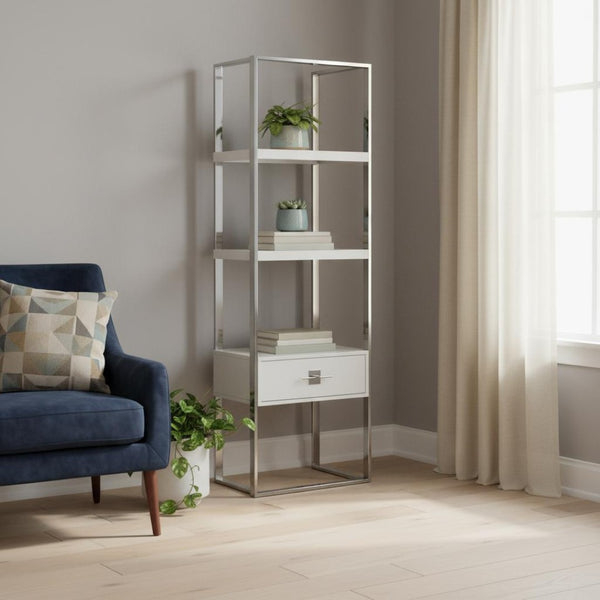 HomeRoots 71" Light Gray Three-Tier Etagere Bookcase with Drawer – Stylish Metal & Wood Storage Solution 544735