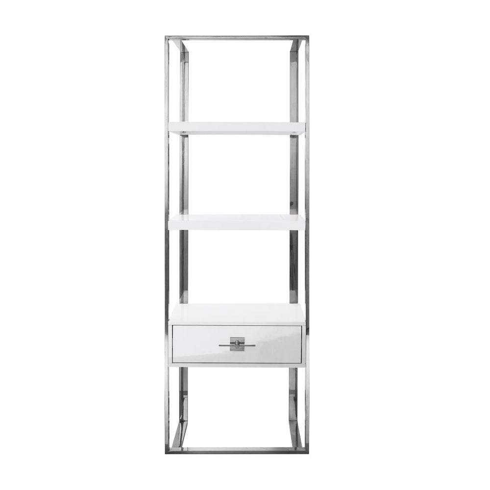 HomeRoots 71" Modern White Wood & Stainless Steel Three-Tier Etagere Bookcase with Drawer for Stylish Storage 544736