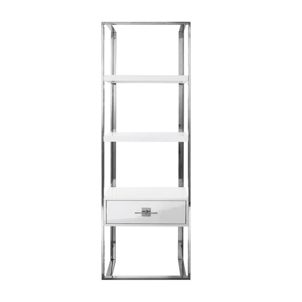 HomeRoots 71" Modern White Wood & Stainless Steel Three-Tier Etagere Bookcase with Drawer for Stylish Storage 544736