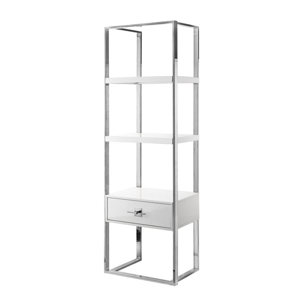 HomeRoots 71" Modern White Wood & Stainless Steel Three-Tier Etagere Bookcase with Drawer for Stylish Storage 544736