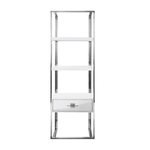 HomeRoots 71" Modern White Wood & Stainless Steel Three-Tier Etagere Bookcase with Drawer for Stylish Storage 544736