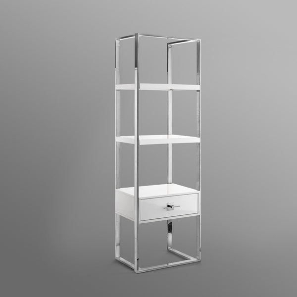 HomeRoots 71" Modern White Wood & Stainless Steel Three-Tier Etagere Bookcase with Drawer for Stylish Storage 544736