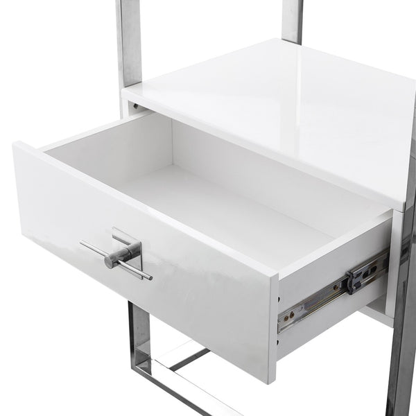 HomeRoots 71" Modern White Wood & Stainless Steel Three-Tier Etagere Bookcase with Drawer for Stylish Storage 544736