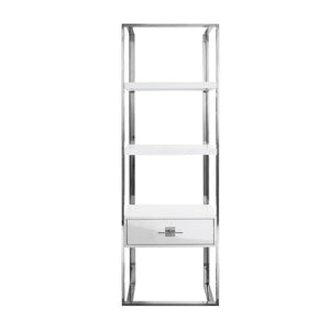 HomeRoots 71" Modern White Wood & Stainless Steel Three-Tier Etagere Bookcase with Drawer for Stylish Storage 544736