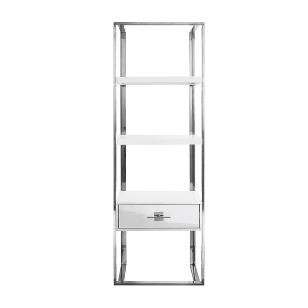 HomeRoots 71" Modern White Wood & Stainless Steel Three-Tier Etagere Bookcase with Drawer for Stylish Storage 544736