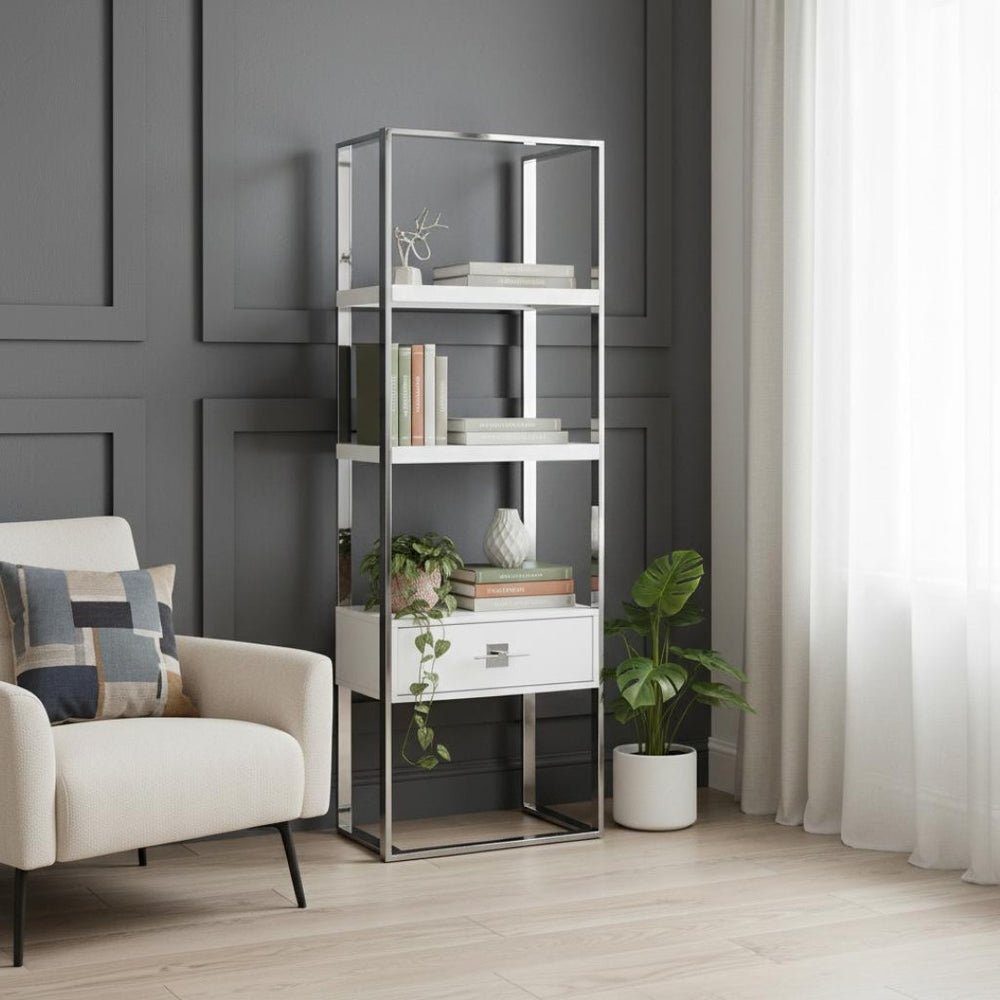HomeRoots 71" Modern White Wood & Stainless Steel Three-Tier Etagere Bookcase with Drawer for Stylish Storage 544736