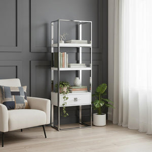 HomeRoots 71" Modern White Wood & Stainless Steel Three-Tier Etagere Bookcase with Drawer for Stylish Storage 544736