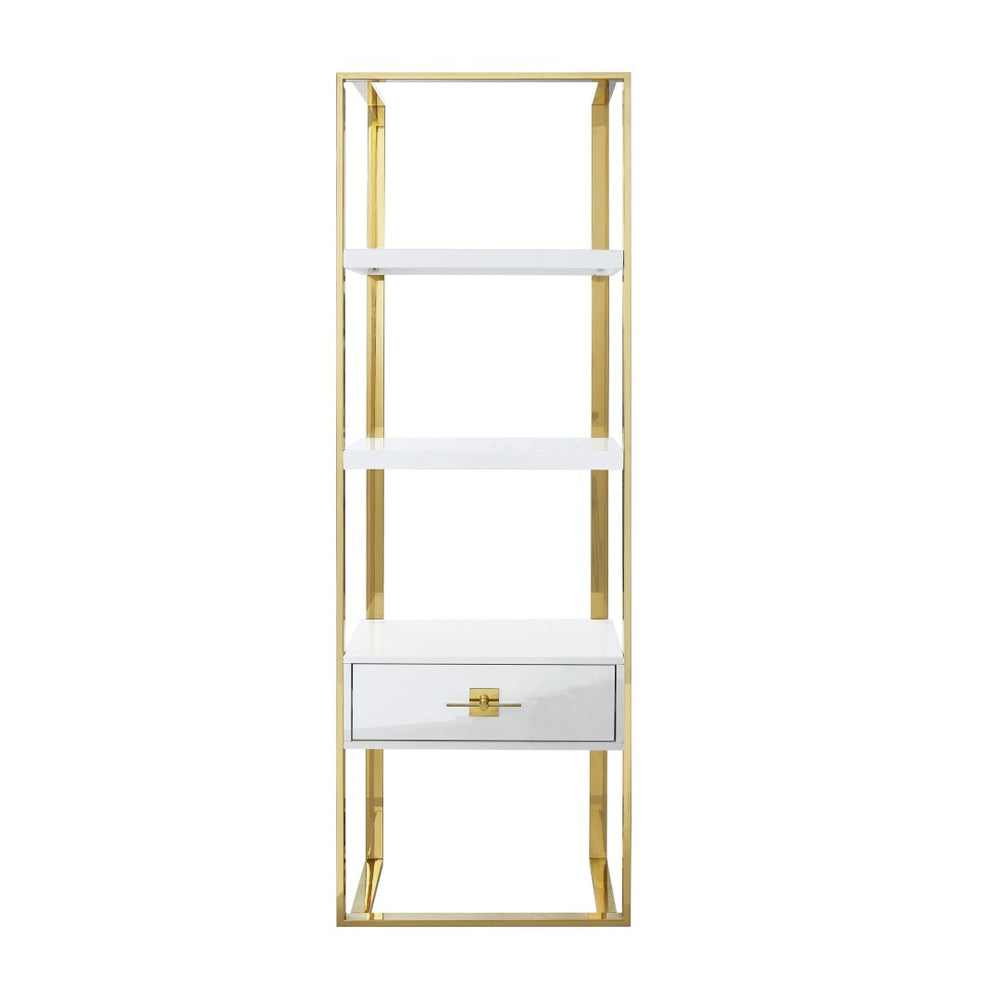 HomeRoots 71" Modern White Stainless Steel & Wood Three-Tier Etagere Bookcase with Drawer for Stylish Storage 544737