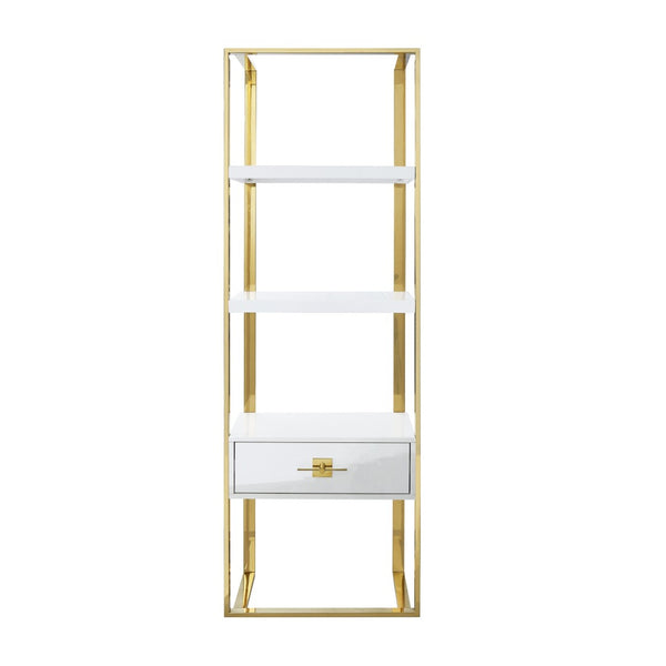 HomeRoots 71" Modern White Stainless Steel & Wood Three-Tier Etagere Bookcase with Drawer for Stylish Storage 544737