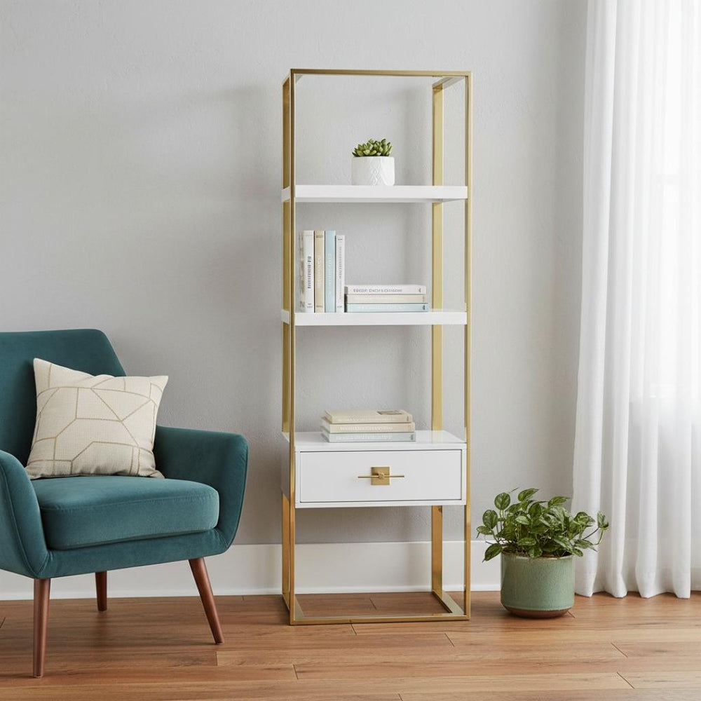 HomeRoots 71" Modern White Stainless Steel & Wood Three-Tier Etagere Bookcase with Drawer for Stylish Storage 544737