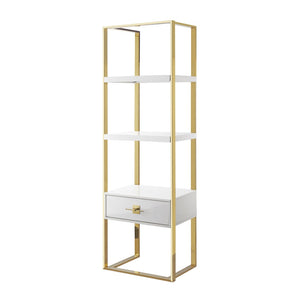 HomeRoots 71" Modern White Stainless Steel & Wood Three-Tier Etagere Bookcase with Drawer for Stylish Storage 544737