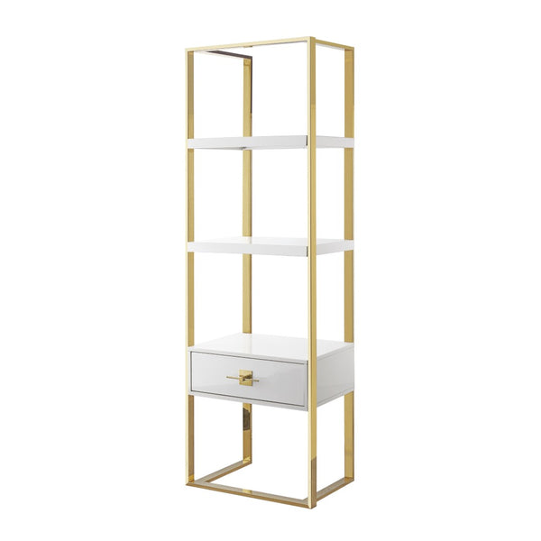 HomeRoots 71" Modern White Stainless Steel & Wood Three-Tier Etagere Bookcase with Drawer for Stylish Storage 544737