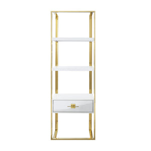 HomeRoots 71" Modern White Stainless Steel & Wood Three-Tier Etagere Bookcase with Drawer for Stylish Storage 544737