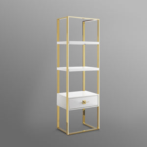 HomeRoots 71" Modern White Stainless Steel & Wood Three-Tier Etagere Bookcase with Drawer for Stylish Storage 544737