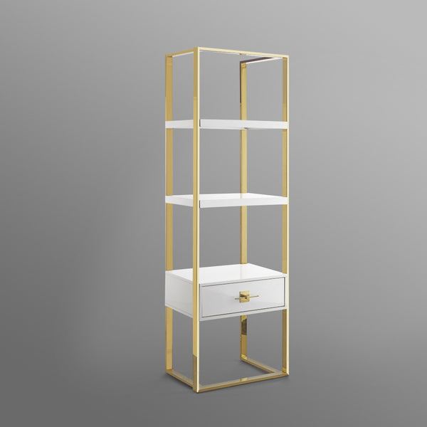HomeRoots 71" Modern White Stainless Steel & Wood Three-Tier Etagere Bookcase with Drawer for Stylish Storage 544737