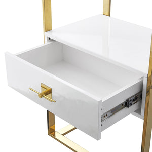 HomeRoots 71" Modern White Stainless Steel & Wood Three-Tier Etagere Bookcase with Drawer for Stylish Storage 544737