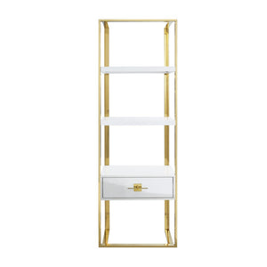 HomeRoots 71" Modern White Stainless Steel & Wood Three-Tier Etagere Bookcase with Drawer for Stylish Storage 544737