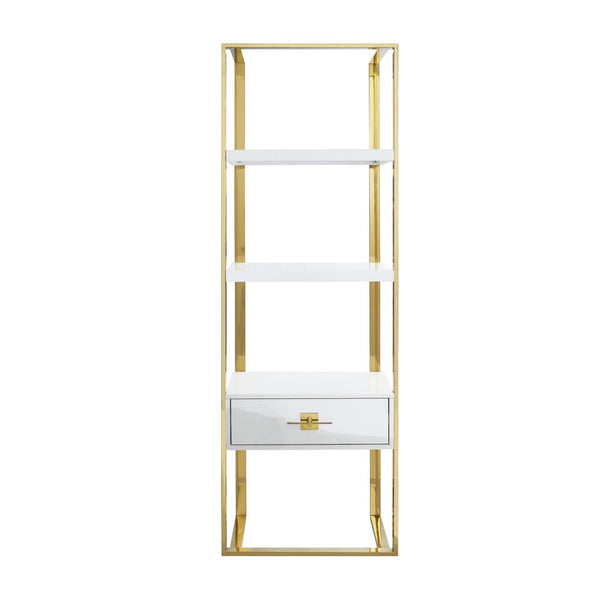 HomeRoots 71" Modern White Stainless Steel & Wood Three-Tier Etagere Bookcase with Drawer for Stylish Storage 544737