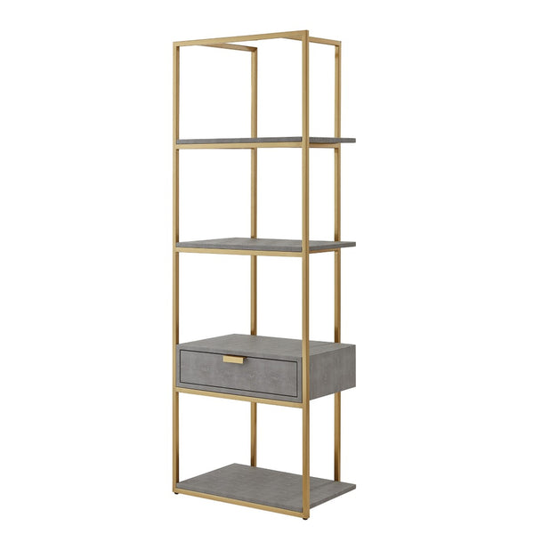 HomeRoots 68" Gray Stainless Steel Four-Tier Etagere Bookcase with Drawer for Stylish Storage & Display Grey/Gold 544738