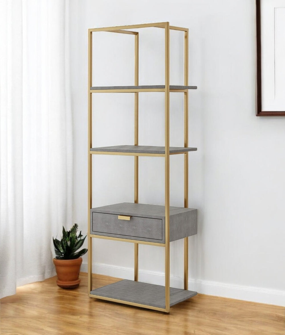 HomeRoots 68" Gray Stainless Steel Four-Tier Etagere Bookcase with Drawer for Stylish Storage & Display Grey/Gold 544738