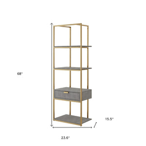 HomeRoots 68" Gray Stainless Steel Four-Tier Etagere Bookcase with Drawer for Stylish Storage & Display Grey/Gold 544738