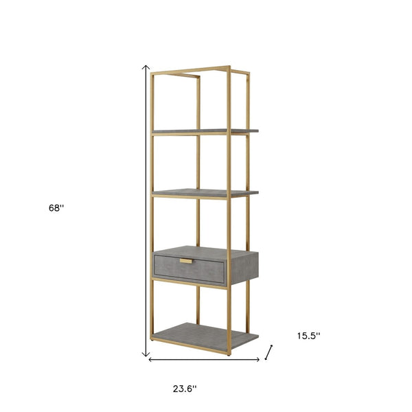 HomeRoots 68" Gray Stainless Steel Four-Tier Etagere Bookcase with Drawer for Stylish Storage & Display Grey/Gold 544738
