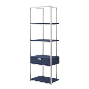 HomeRoots 68" Gray Stainless Steel Four-Tier Etagere Bookcase with Drawer for Stylish Storage & Display Navy/Chrome 544739